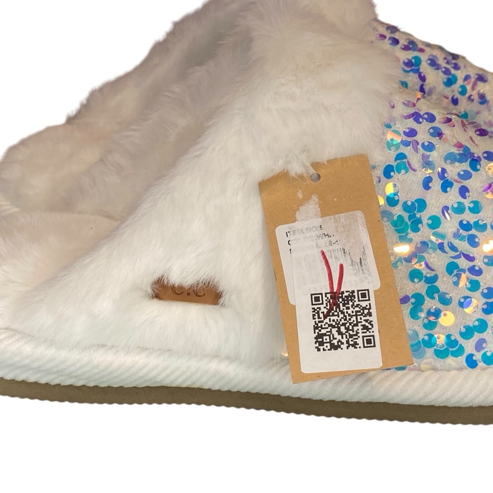 CC Sequin Slippers White Womens Size 8-10 M-L NWT New Slides Shoes Faux Fur - Picture 4 of 8